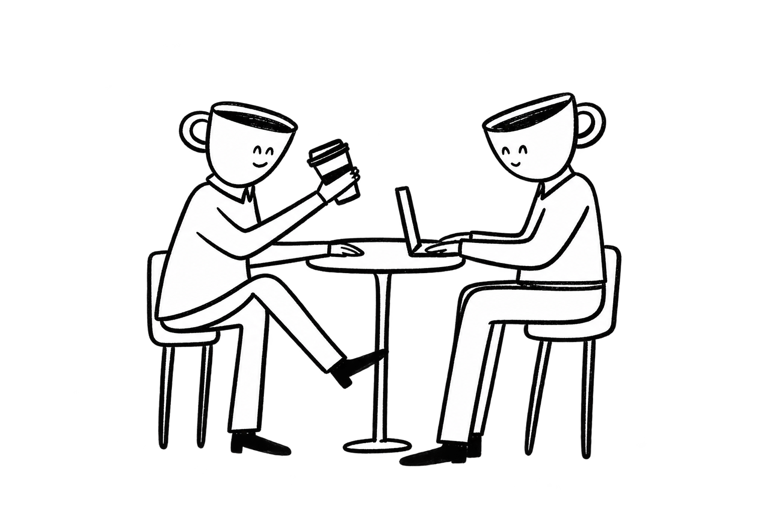Dos personajes con cabeza de taza de café conversan en una mesa