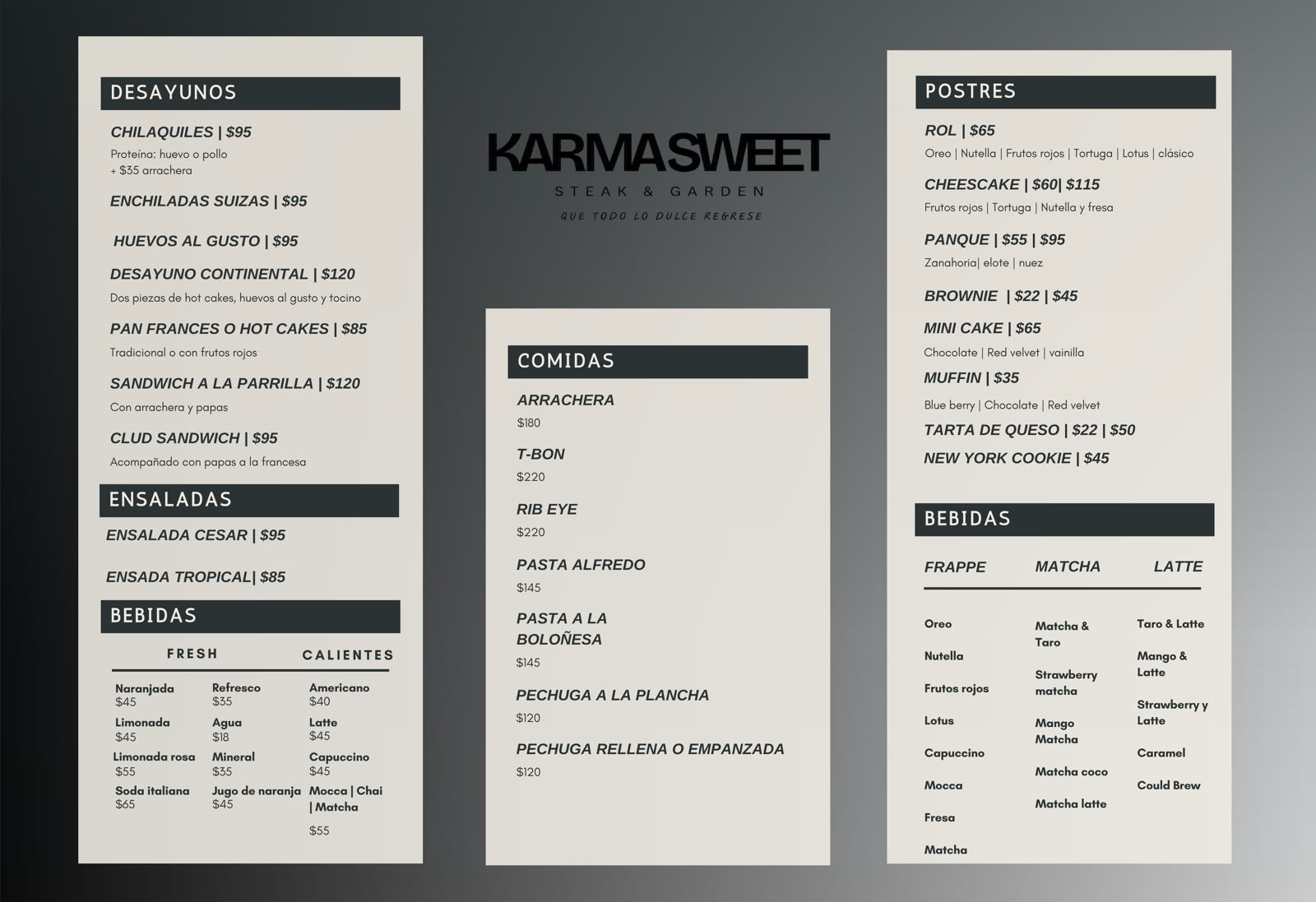 Carta original de Karma Sweet con desayunos, comidas, postres y bebidas